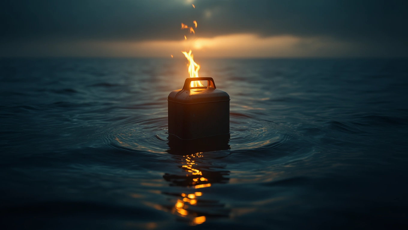 Mit jelent benzines kannáról álmodni? – Online álomfejtés és értelmezés Egy benzines kanna lánggal a víz felszínén, sötét háttérrel.