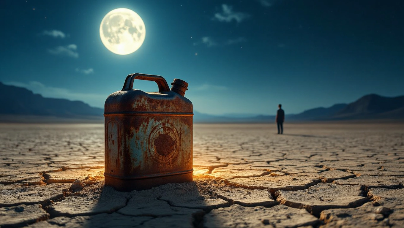 Mit jelent benzines kannáról álmodni? – Online álomfejtés és értelmezés Egy rozsdás benzines kanna áll a száraz földön, mögötte egy magányos alak a holdfényben.