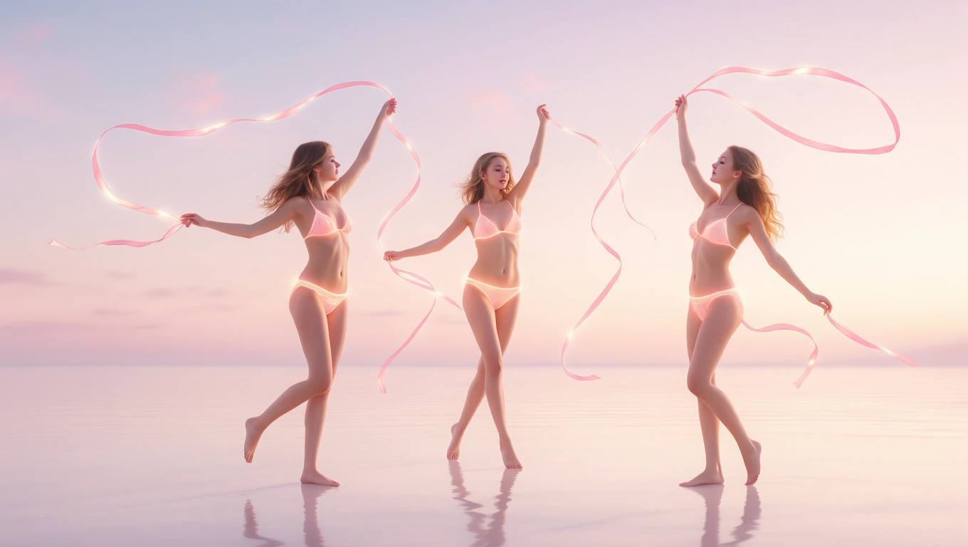 Mit jelent bikinis lányokkal álmodni? – Részletes álomfejtés és értelmezés Három bikinis lány táncol a vízparton, szalagokat lengetve a levegőben.