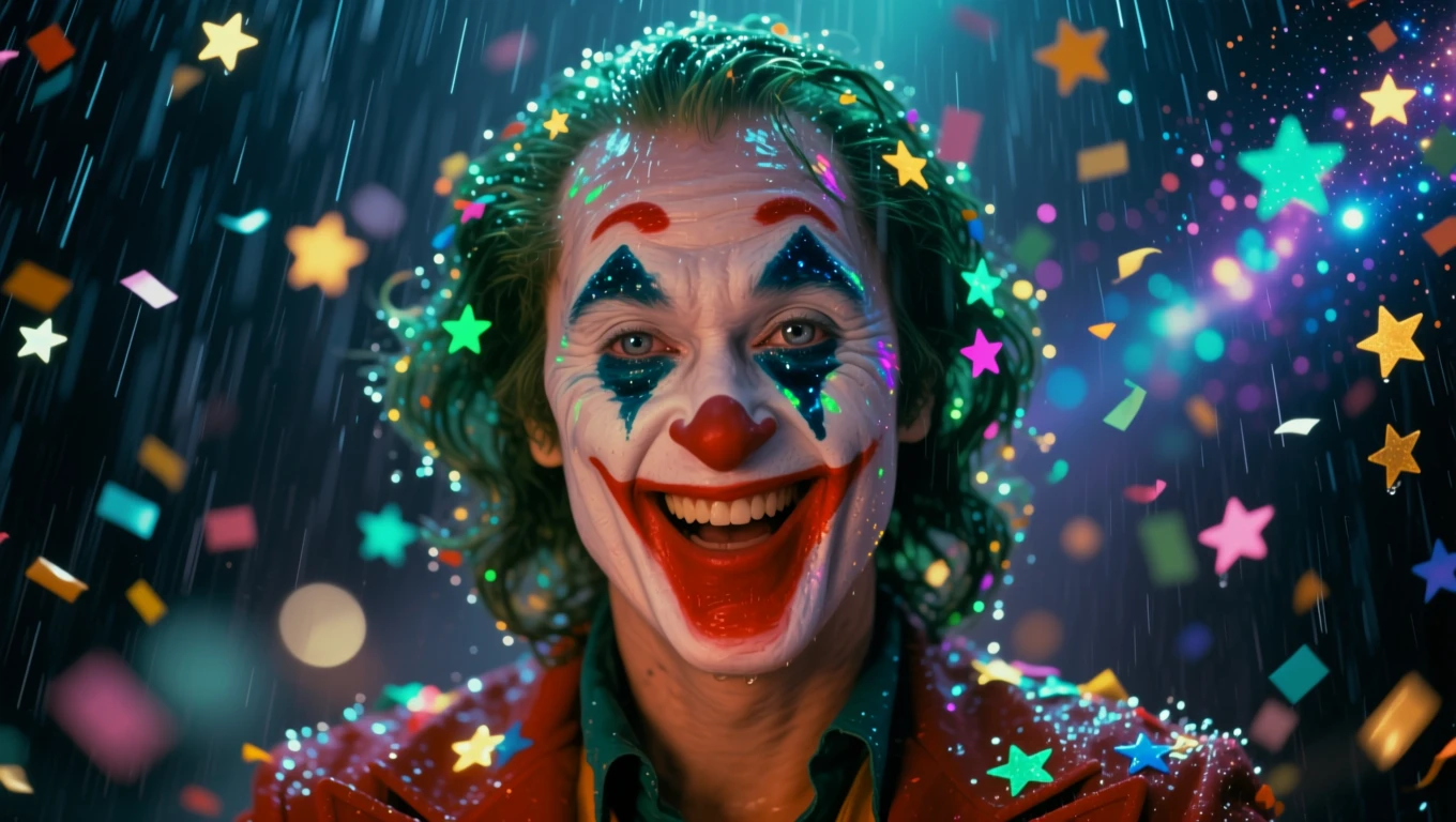 Mit jelent cirkusszal álmodni? – Részletes álomfejtés és értelmezés Egy boldog bohóc, színes konfettivel és csillagokkal körülvéve, mosolyogva néz a kamerába.