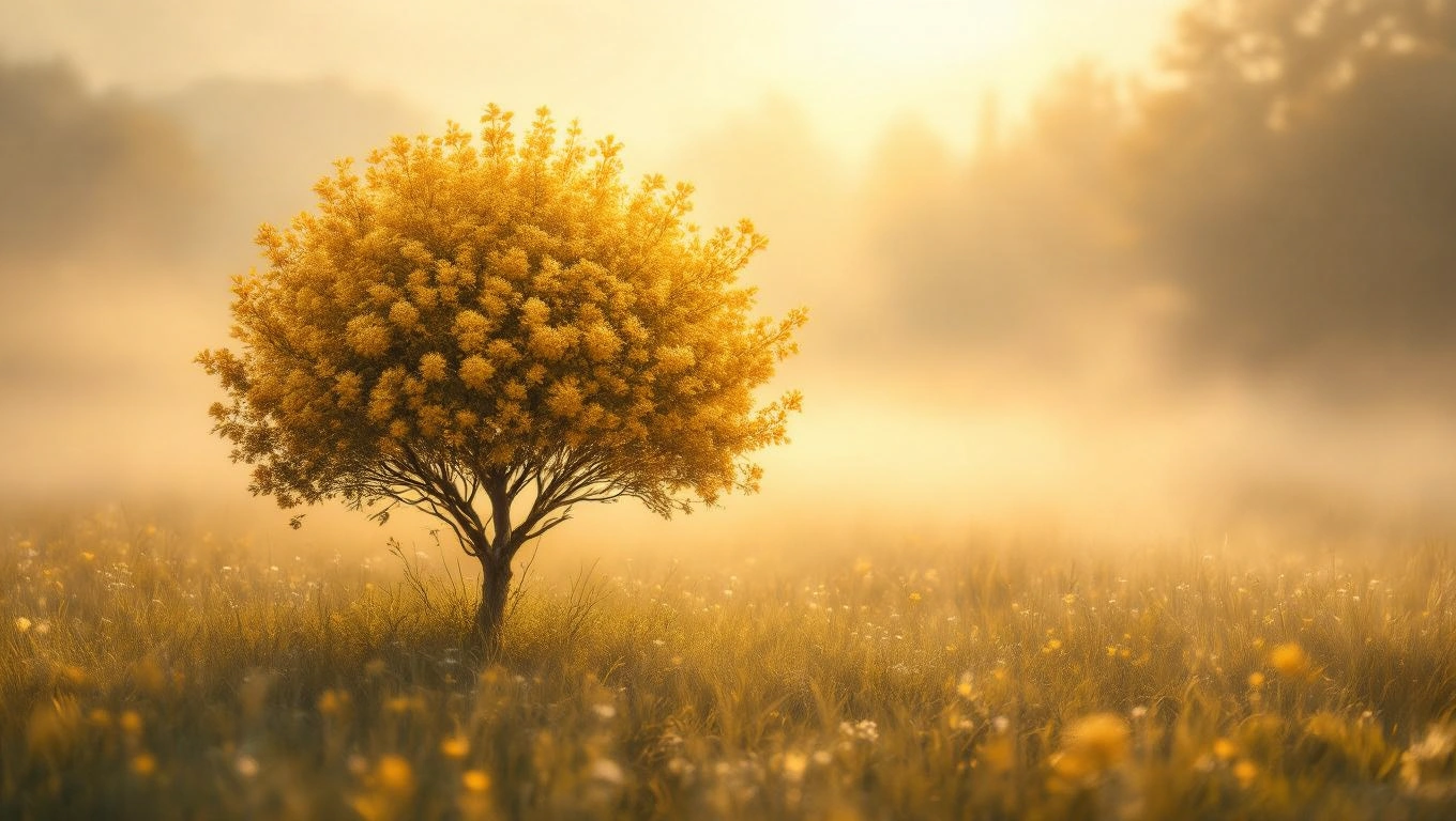 Mit jelent bokorral álmodni? – Részletes álomfejtés és értelmezés Egy virágzó bokor áll egy napfényes mezőn, körülötte ködös táj.