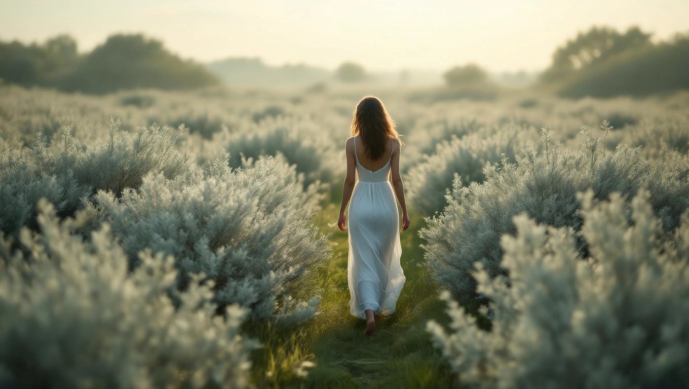 Mit jelent bokorral álmodni? – Részletes álomfejtés és értelmezés Egy nő fehér ruhában sétál egy bokrokkal teli mezőn, napfényben.