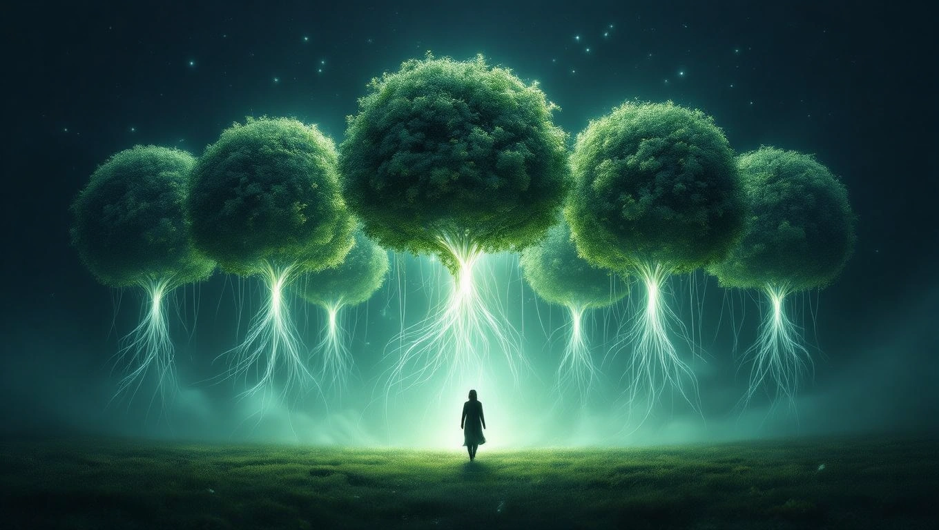 Mit jelent bokorral álmodni? – Részletes álomfejtés és értelmezés Egy nő áll egy varázslatos, zöld bokrokból álló erdő előtt, gyökerekkel.