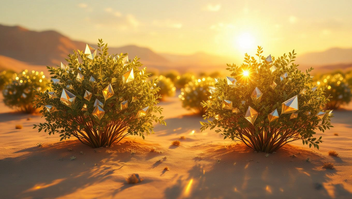 Mit jelent bokorral álmodni? – Részletes álomfejtés és értelmezés Két bokor csillogó, geometrikus formákkal a naplementében, homokos tájon.