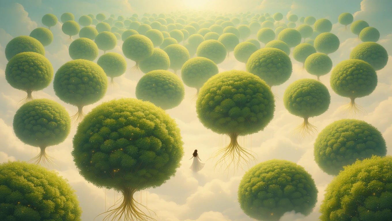 Mit jelent bokorral álmodni? – Részletes álomfejtés és értelmezés Egy nő áll a felhők között, zöld bokrok veszik körül, álomszerű tájban.