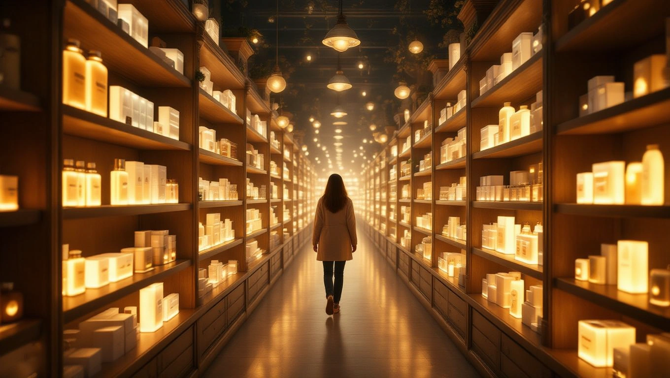 Egy nő sétál egy világító polcokkal teli boltban, tele termékekkel.