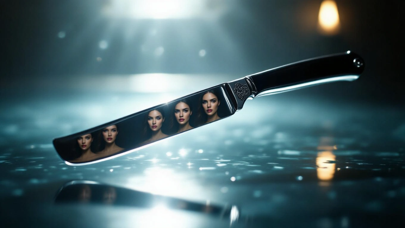 Egy borotva, amelynek élén több női arc tükröződik, misztikus háttérrel.