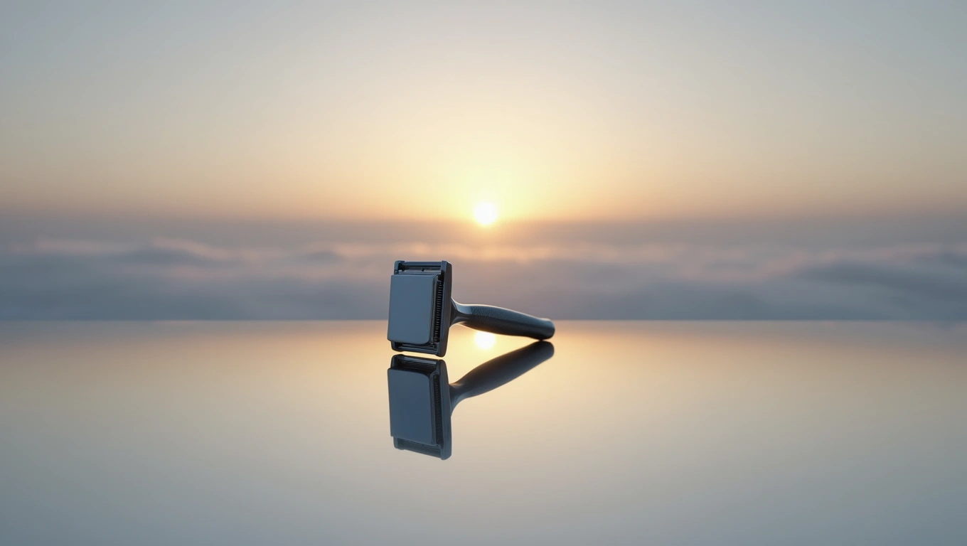 Mit jelent borotvával álmodni? – Részletes álomfejtés és értelmezés Egy borotva áll a vízszintes tükörfelületen, háttérben napfelkeltével.