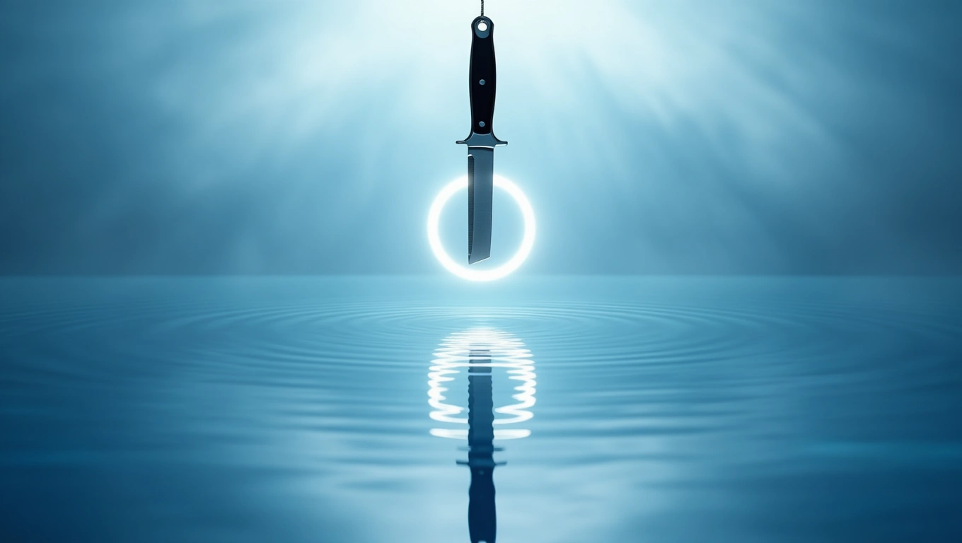 Mit jelent borotvával álmodni? – Részletes álomfejtés és értelmezés Egy borotva függ a víz felett, körülötte fénygyűrű és vízgyűrűk láthatók.