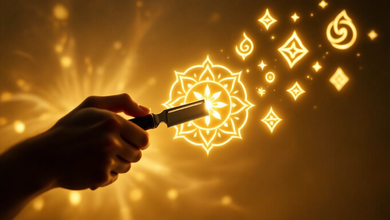 Mit jelent borotvával álmodni? – Részletes álomfejtés és értelmezés Egy kéz borotvát tart, amelyből fényes szimbólumok sugároznak.