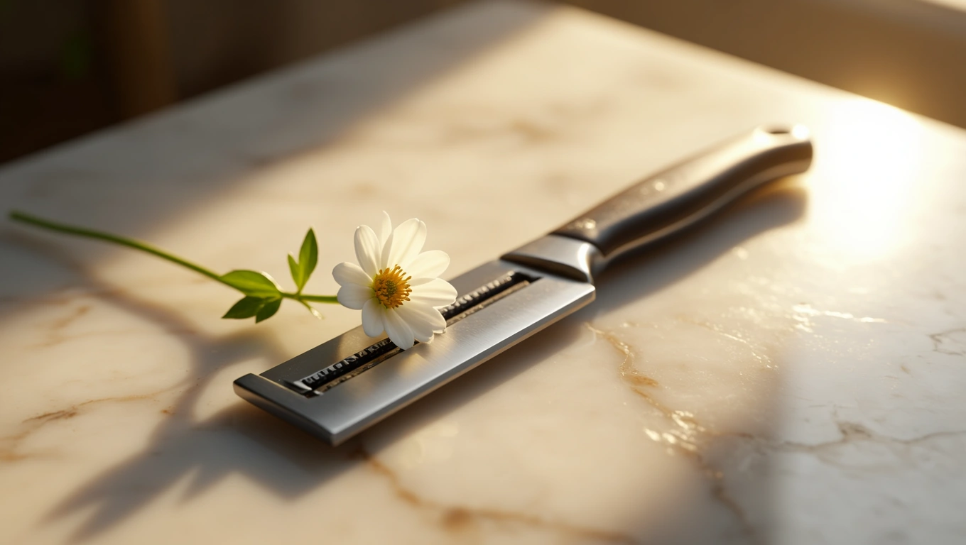 Mit jelent borotvával álmodni? – Részletes álomfejtés és értelmezés Egy borotva és egy virág fekszik egy márvány asztalon, szimbolizálva a változást.