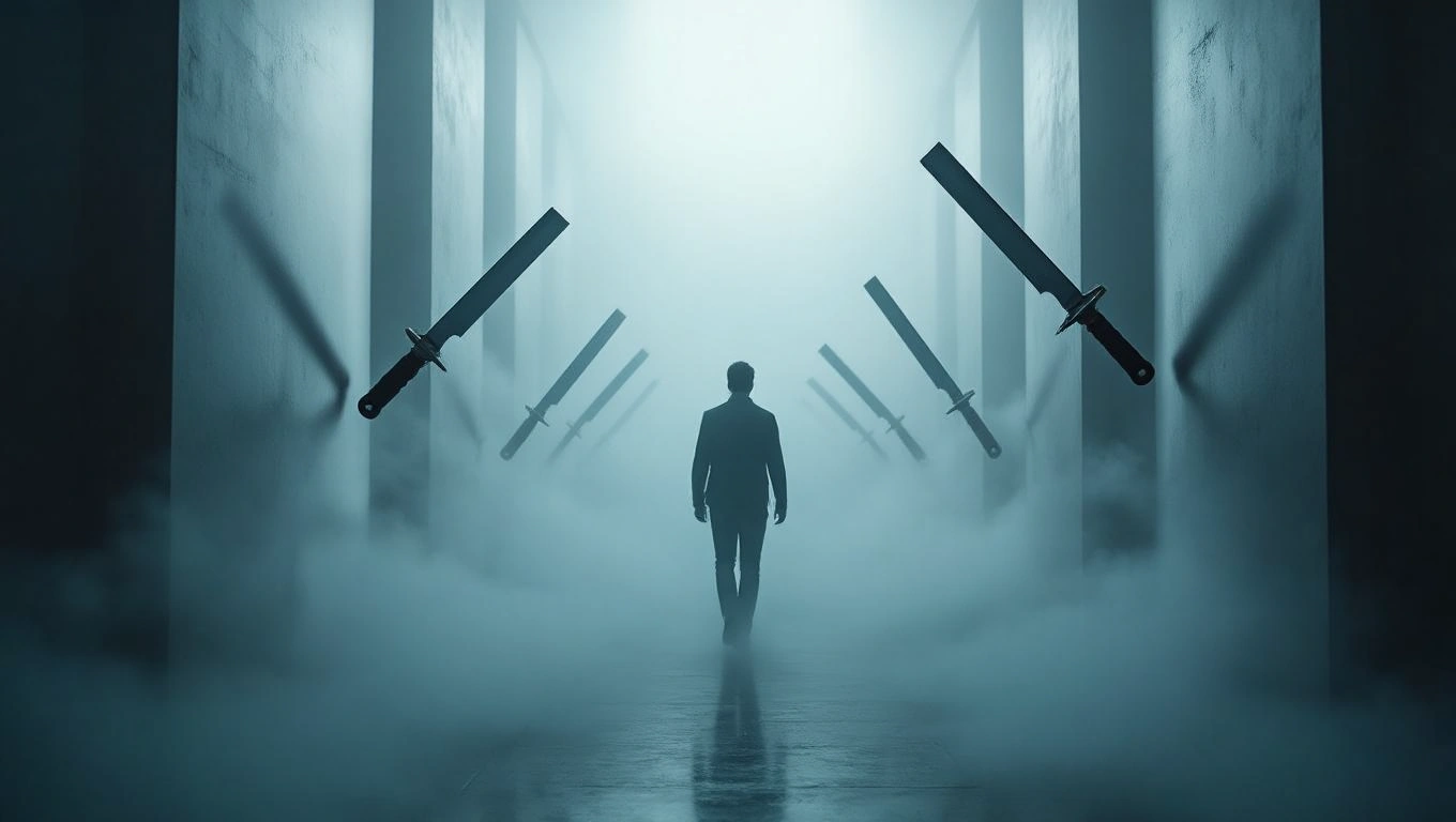 Mit jelent borotvával álmodni? – Részletes álomfejtés és értelmezés Egy férfi sötét, ködös folyosón halad, borotvák lebegnek körülötte.