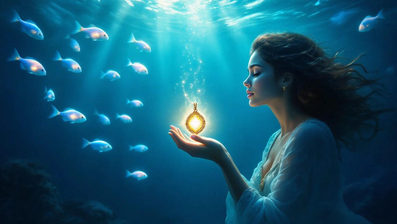 Mit jelent bűvös amulettel álmodni? – Részletes álomfejtés és értelmezés Egy nő a víz alatt bűvös amulettet tart a kezében, körülötte halak úsznak.