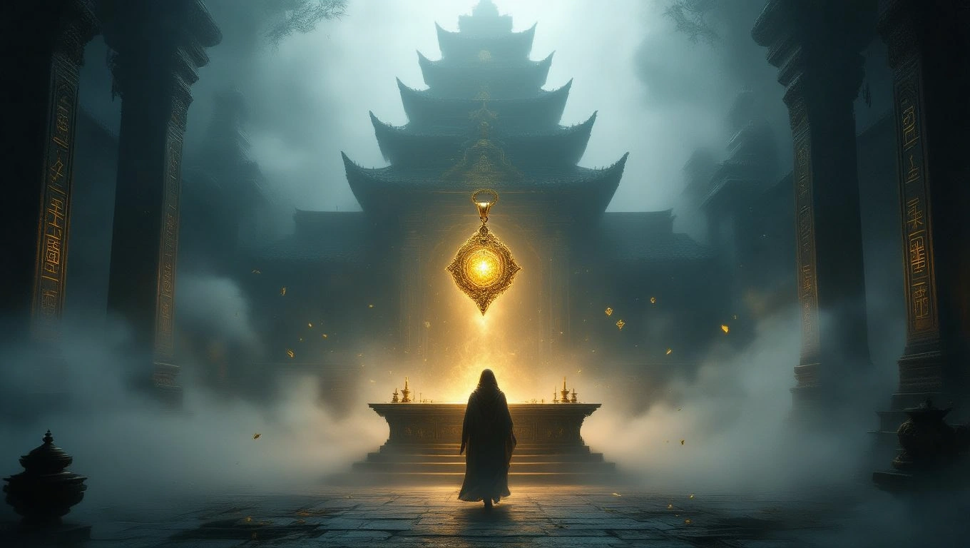 Mit jelent bűvös amulettel álmodni? – Részletes álomfejtés és értelmezés Egy bűvös amulett ragyog a ködös templomban, misztikus hangulatban.