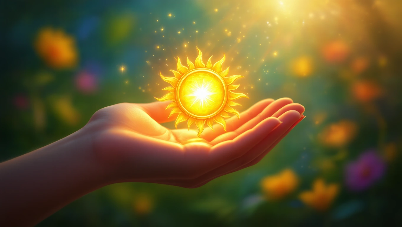 Mit jelent bűvös amulettel álmodni? – Részletes álomfejtés és értelmezés Egy kézben tartott bűvös amulett, napforma, ragyogó fényekkel.