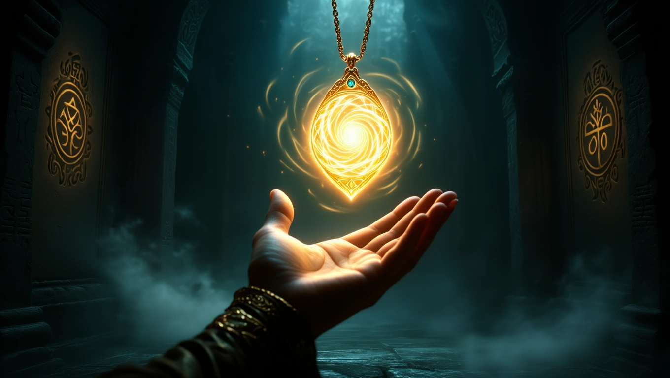 Mit jelent bűvös amulettel álmodni? – Részletes álomfejtés és értelmezés Egy arany bűvös amulett lebeg egy kinyújtott kéz felett, misztikus fényben.