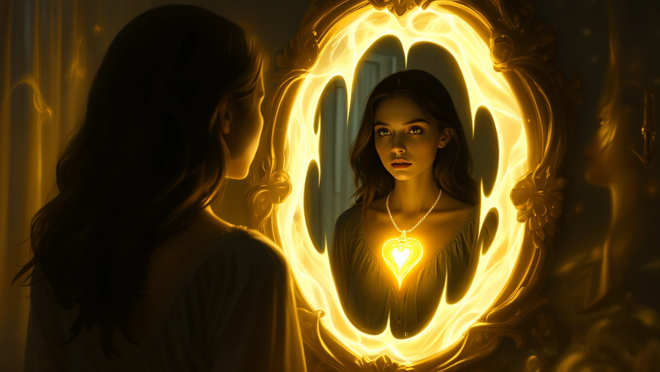 Mit jelent bűvös amulettel álmodni? – Részletes álomfejtés és értelmezés Egy nő a tükör előtt áll, szív alakú bűvös amulett világít a nyakában.