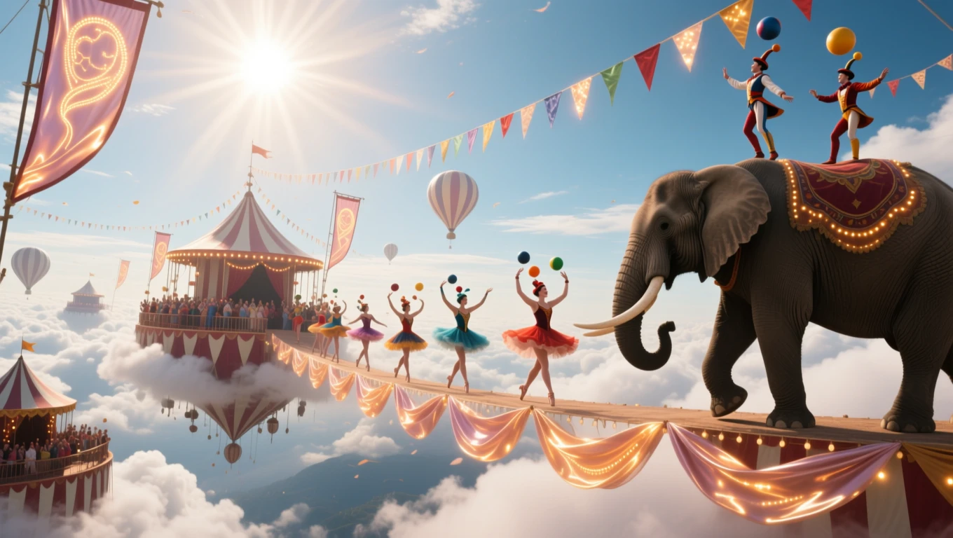 Mit jelent cirkusszal álmodni? – Részletes álomfejtés és értelmezés Cirkuszi előadás a felhők felett, balett-táncosok és elefánt szereplésével.