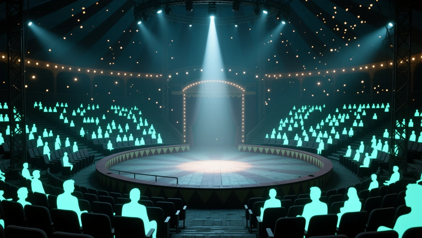 Mit jelent cirkusszal álmodni? – Részletes álomfejtés és értelmezés Egy cirkuszi aréna, kivilágított színpaddal és üres nézőtéren ülő sziluettekkel.
