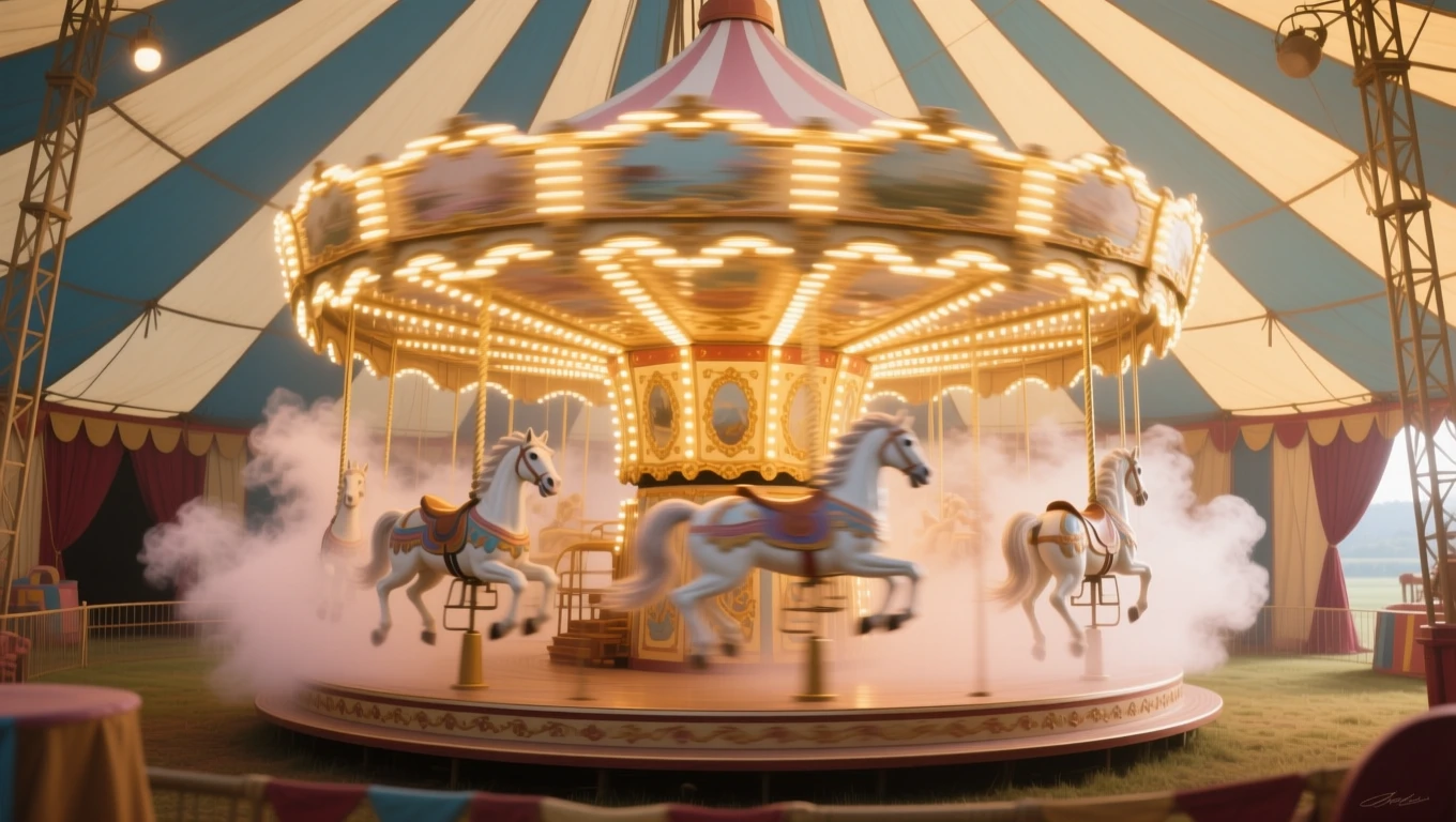Mit jelent cirkusszal álmodni? – Részletes álomfejtés és értelmezés Egy cirkuszi körhinta fehér lovakkal, színes fényekkel és füsttel.