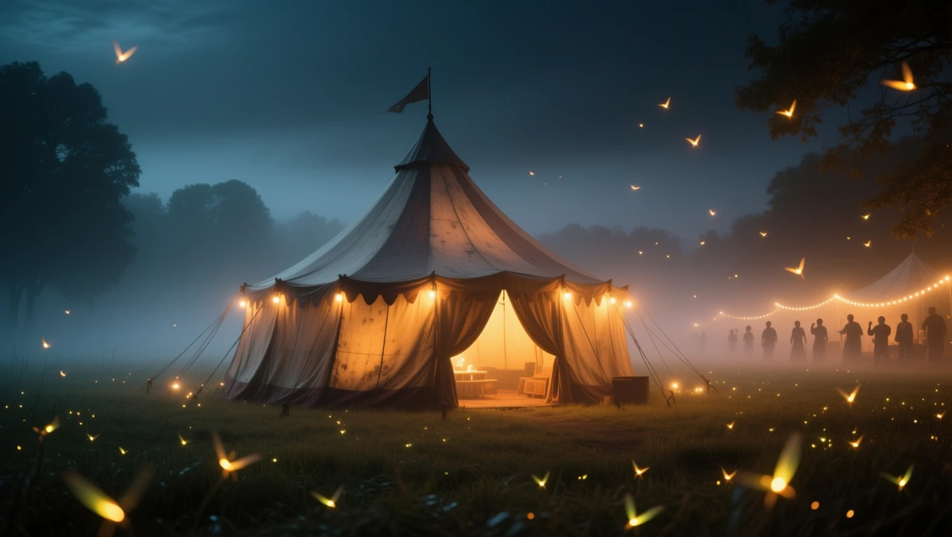 Mit jelent cirkusszal álmodni? – Részletes álomfejtés és értelmezés Egy cirkuszi sátor világít a sötétben, körülötte fénylő bogarak és emberek sziluettjei láthatók.