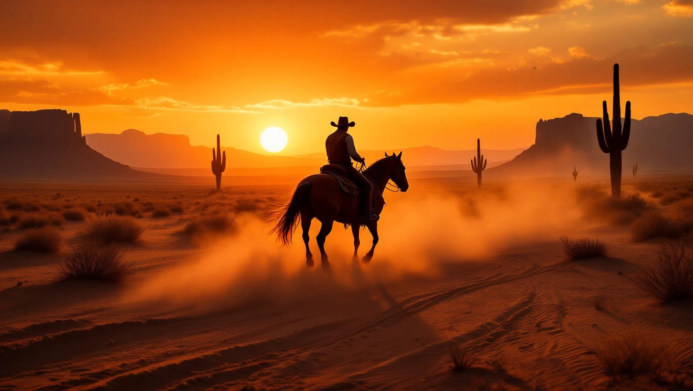 Egy cowboy lovagol a naplementében a vadnyugati tájon, kaktuszok között.