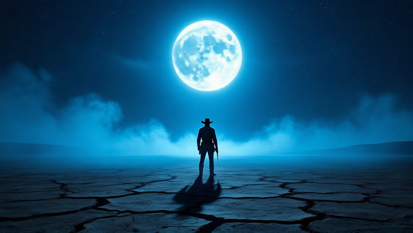 Mit jelent vadnyugatról álmodni? – Részletes álomfejtés és értelmezés Egy cowboy áll a holdfényben, a vadnyugat sivatagos táján.