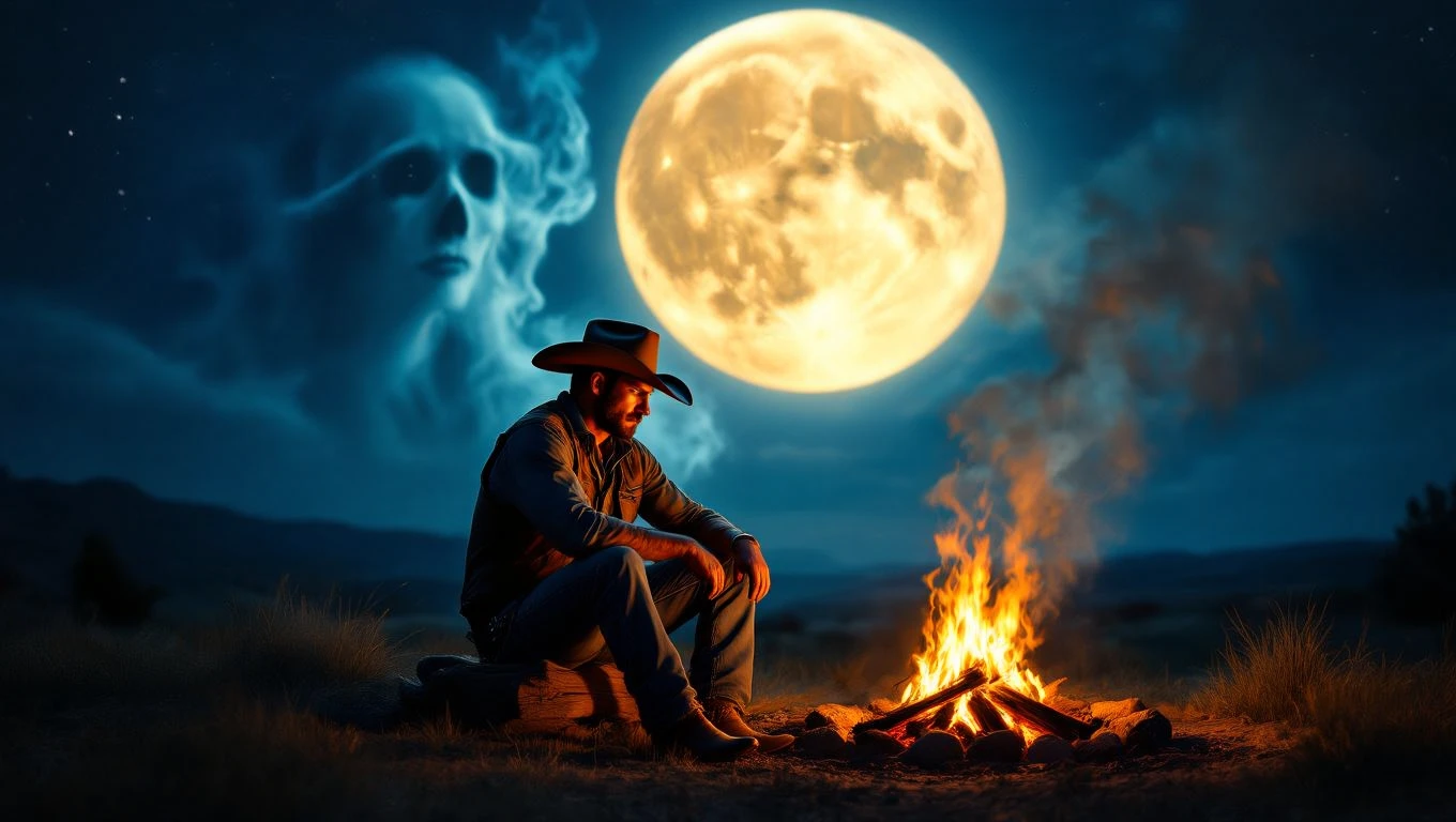 Mit jelent cowboy-al álmodni? – Részletes álomfejtés és értelmezés Egy cowboy ül a tűz mellett, a háttérben hatalmas teliholddal és szellemszerű arccal.