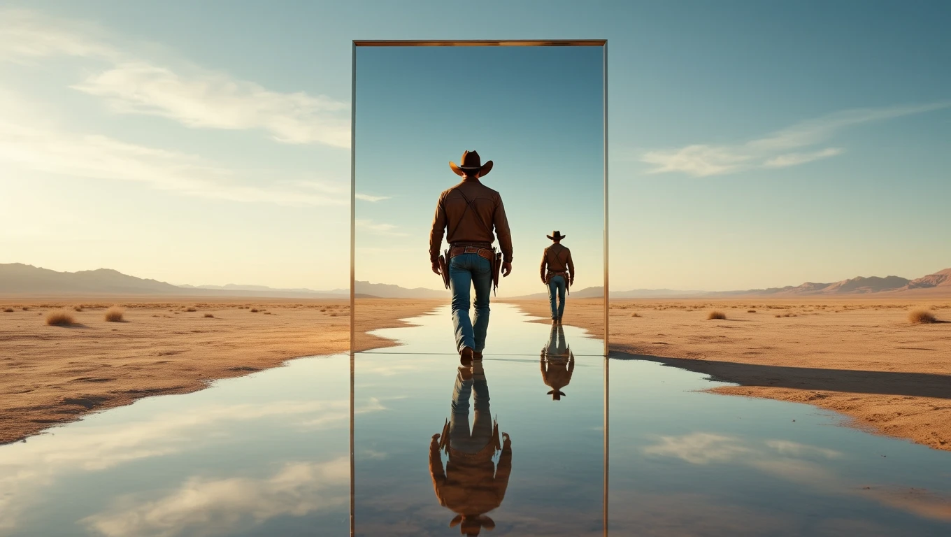 Mit jelent cowboy-al álmodni? – Részletes álomfejtés és értelmezés Két cowboy sétál egy tükörsima vízfelületen, a háttérben sivatag és hegyek.