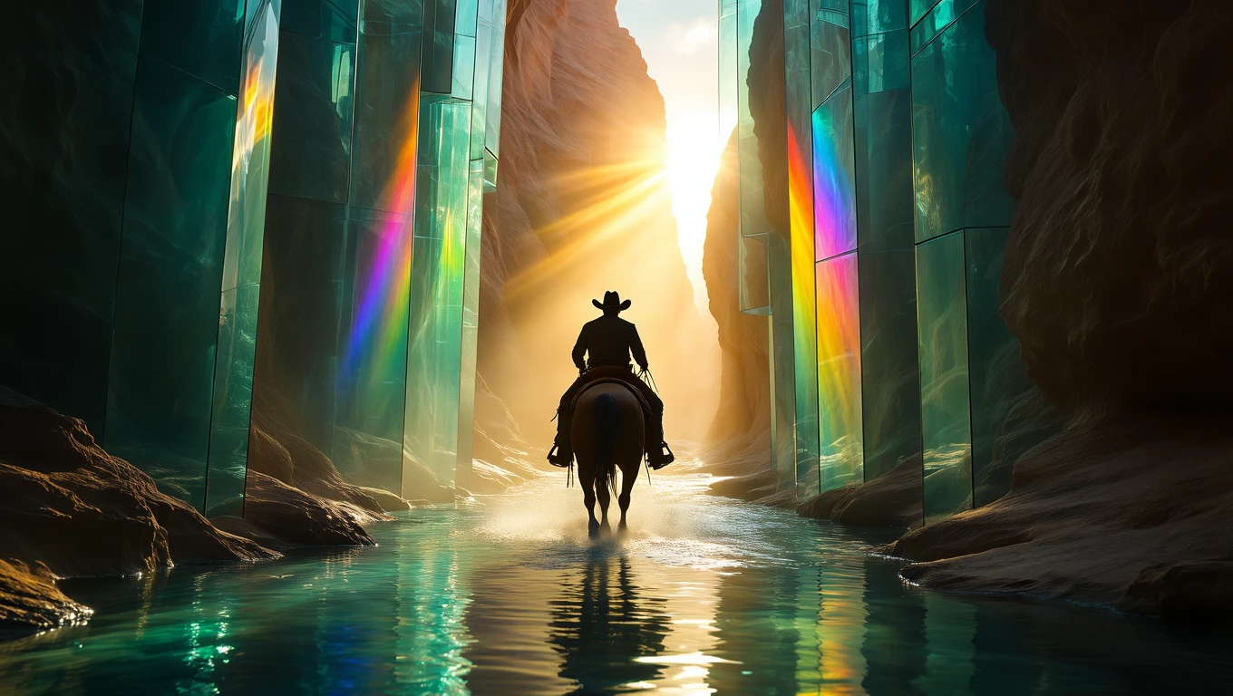Mit jelent cowboy-al álmodni? – Részletes álomfejtés és értelmezés Egy cowboy lovagol egy vízparti szurdokban, színes fényekkel körülvéve.