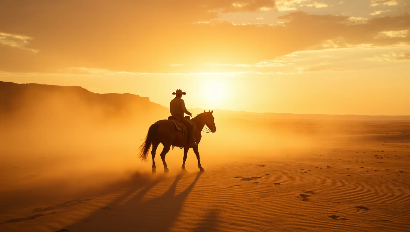 Egy cowboy lóháton, a naplementében, homokos tájon halad.