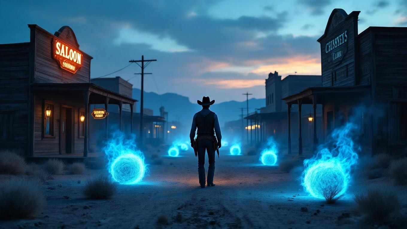 Mit jelent cowboy-al álmodni? – Részletes álomfejtés és értelmezés Egy cowboy áll egy elhagyatott város utcáján, kék fénygömbök körülötte.
