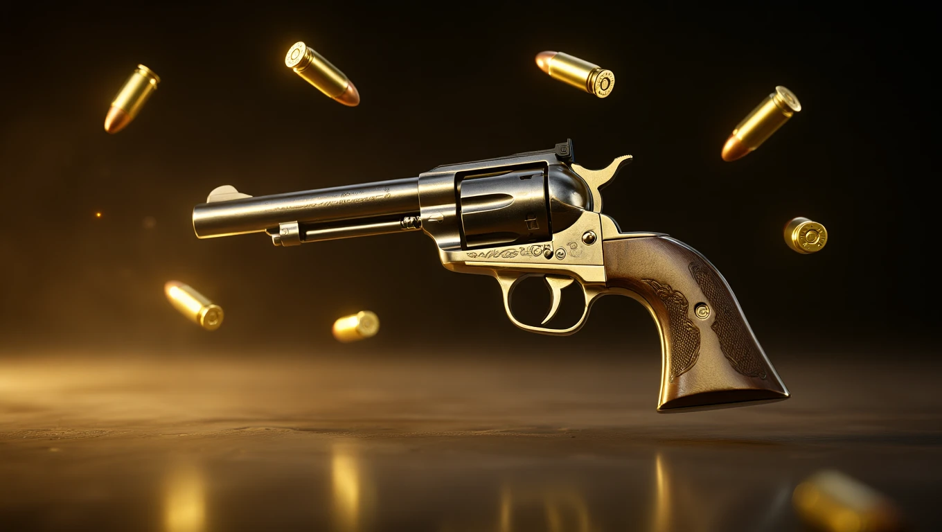 Mit jelent cowboy-al álmodni? – Részletes álomfejtés és értelmezés Egy cowboy revolver, körülötte lőszerek lebegnek, a szabadság és kaland szimbóluma.