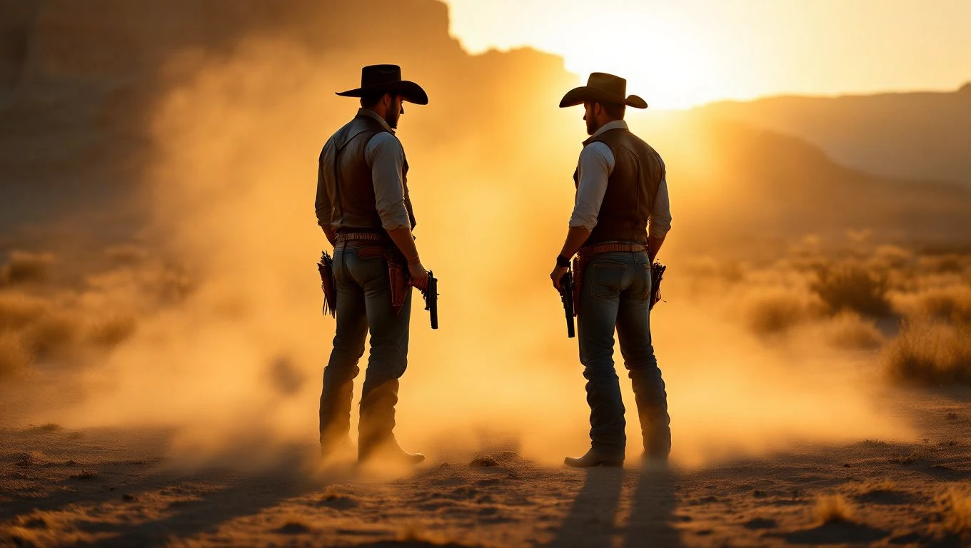 Mit jelent vadnyugatról álmodni? – Részletes álomfejtés és értelmezés Két cowboy áll egymással szemben a naplementében, homokfúvás közepette.