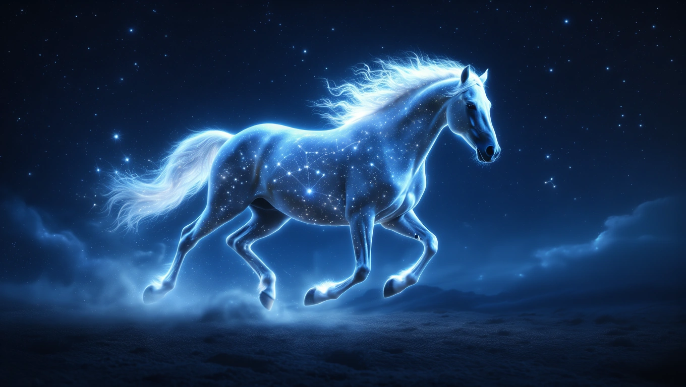 Mit jelent lovakkal álmodni? – Részletes álomfejtés és értelmezés Egy csillagokkal teli éjszakai égbolton futó, fénylő fehér ló.