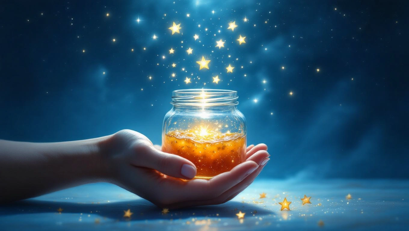 Mit jelent befőttes üveggel álmodni? – Részletes álomfejtés és értelmezés Egy kézben tartott befőttes üveg, amelyből csillagok szóródnak ki.