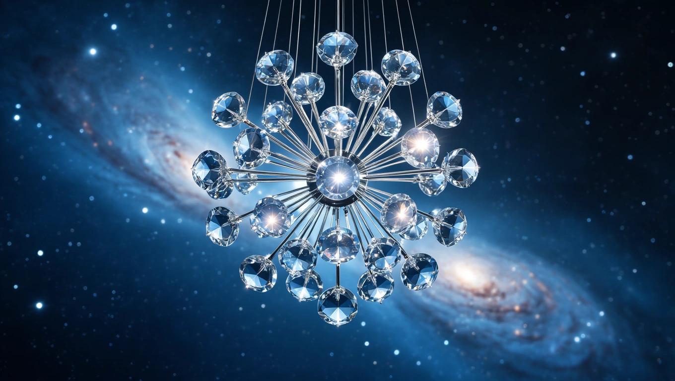 Mit jelent csillárral álmodni? – Részletes álomfejtés és értelmezés Egy modern csillár ragyogó kristályokkal, háttérben csillagos égbolt.