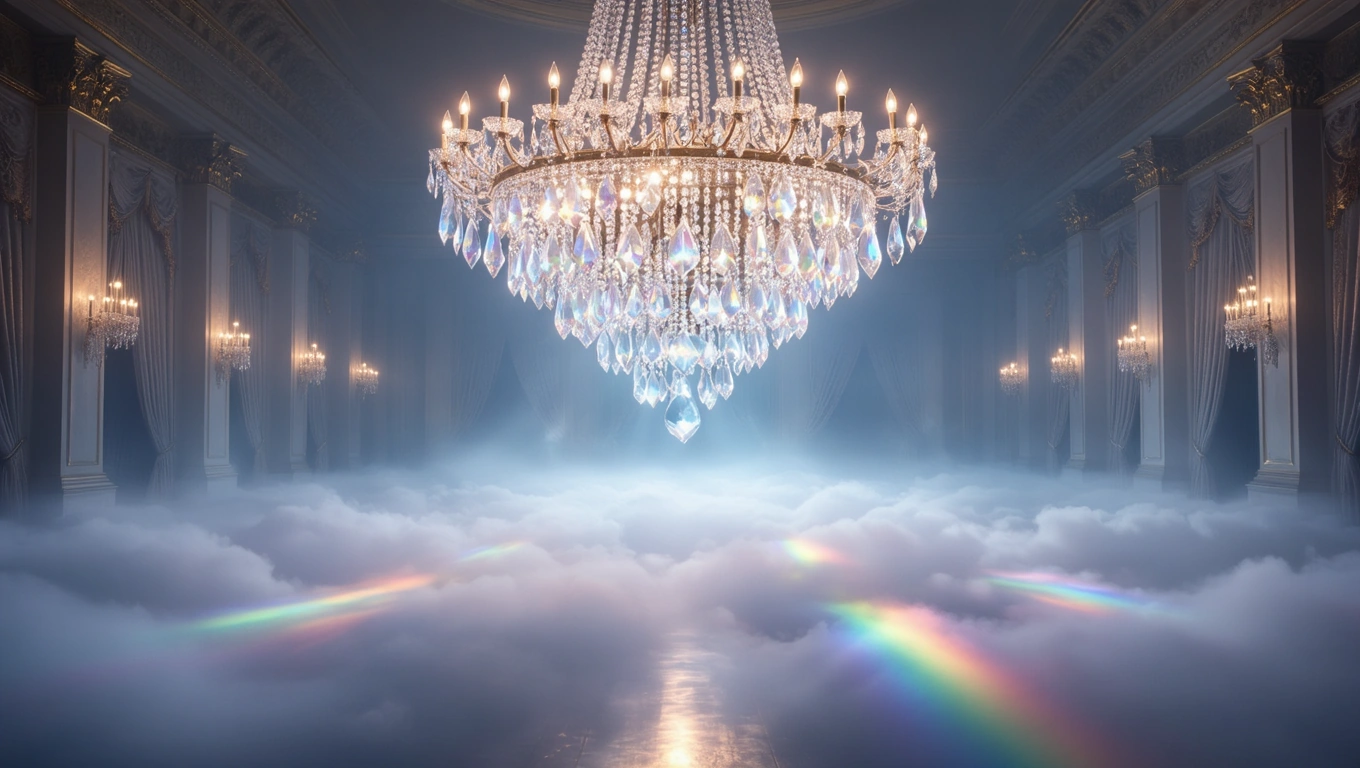 Mit jelent csillárral álmodni? – Részletes álomfejtés és értelmezés Egy csillár ragyog a felhők felett, szivárványos fényekkel körülvéve.