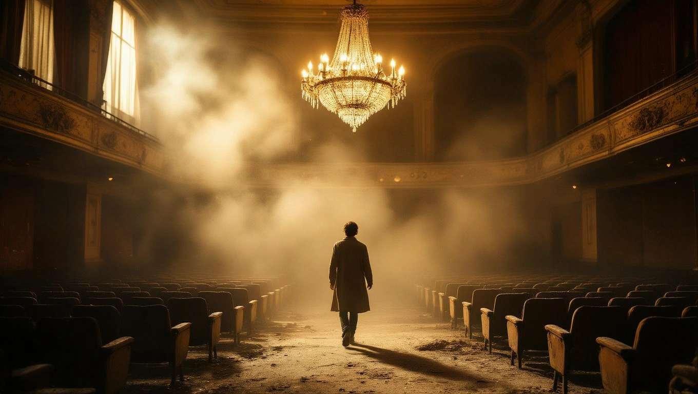 Mit jelent csillárral álmodni? – Részletes álomfejtés és értelmezés Egy férfi sétál egy üres színházban, a csillár fénye ragyog a háttérben.