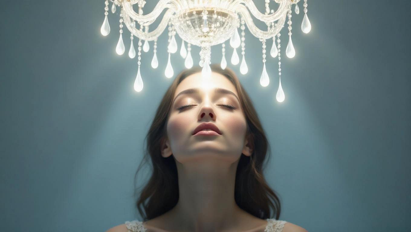Mit jelent csillárral álmodni? – Részletes álomfejtés és értelmezés Egy nő áll egy csillár alatt, amely fényt bocsát ki, szimbolizálva a megvilágosodást.