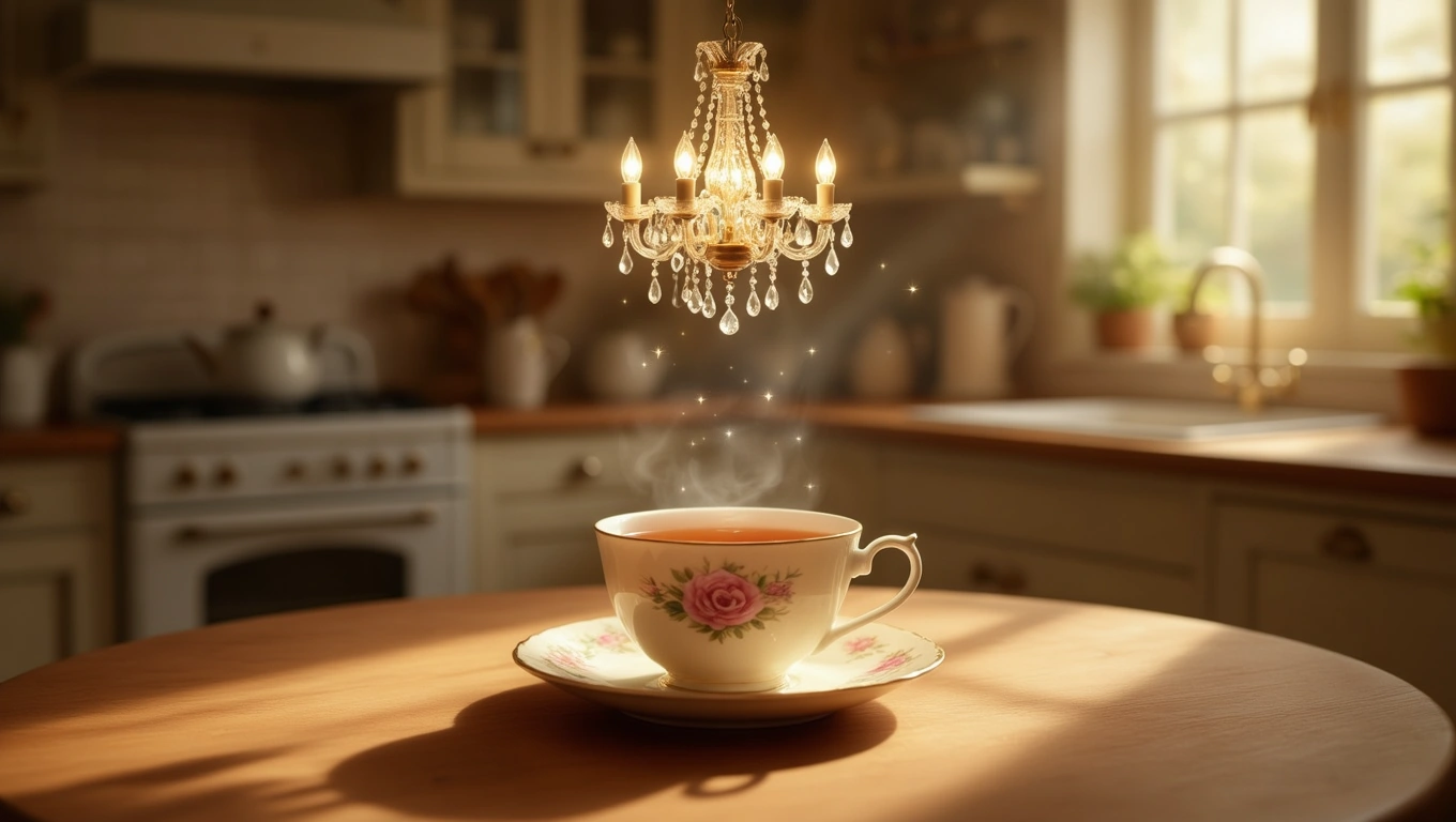 Mit jelent csillárral álmodni? – Részletes álomfejtés és értelmezés Egy csillár lebeg egy teáscsésze felett, meleg fényben, otthonos konyhában.