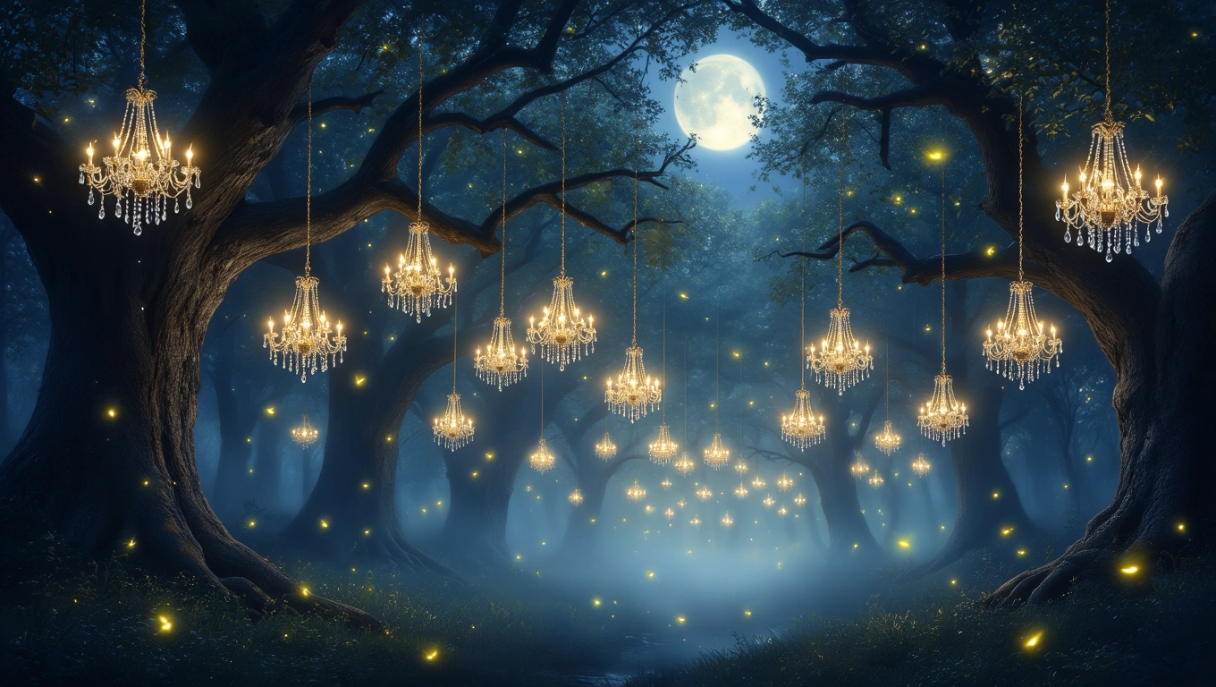 Mit jelent csillárral álmodni? – Részletes álomfejtés és értelmezés Egy sötét erdőben csillárok lógnak a fák ágairól, varázslatos fényekkel.