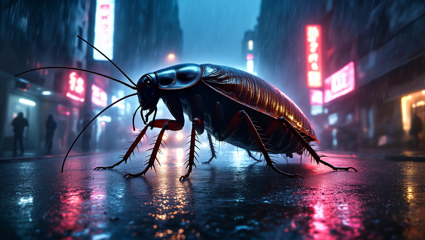 Mit jelent csótányról álmodni? – Részletes álomfejtés és értelmezés Egy csótány áll egy esős városi utcán, neonfényekkel körülvéve.