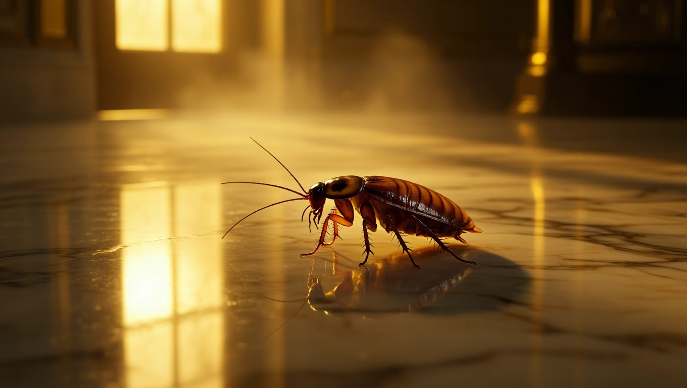 Mit jelent csótányról álmodni? – Részletes álomfejtés és értelmezés Egy csótány mászik egy fényes, márványos padlón, háttérben lágy fényekkel.