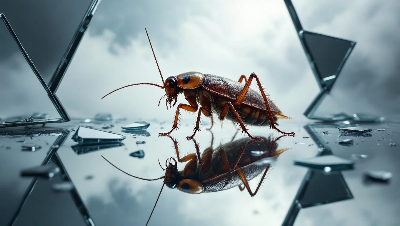 Mit jelent csótányról álmodni? – Részletes álomfejtés és értelmezés Egy csótány tükröződik a törött üvegen, sötét háttér előtt.