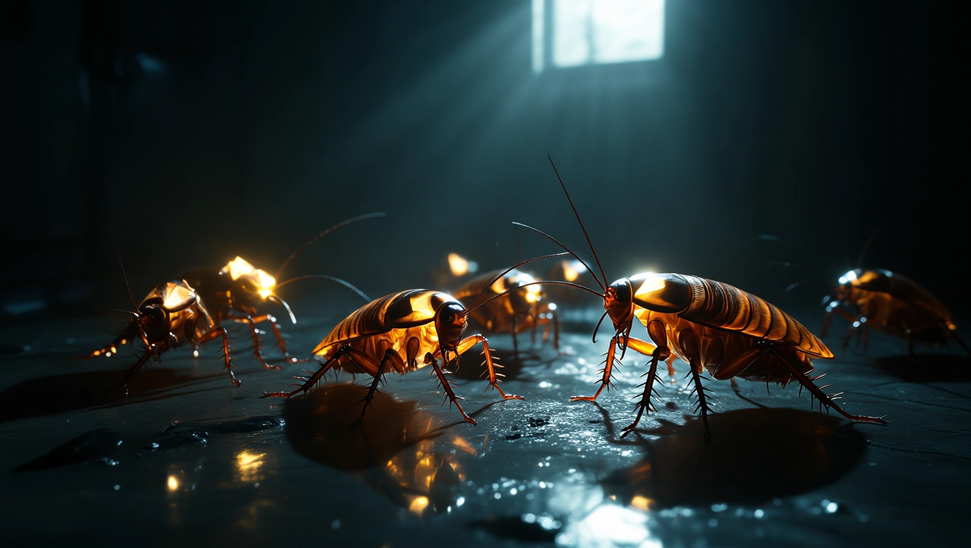 Mit jelent csótányról álmodni? – Részletes álomfejtés és értelmezés Több csótány egy sötét szobában, fények játszanak a páncéljukon.