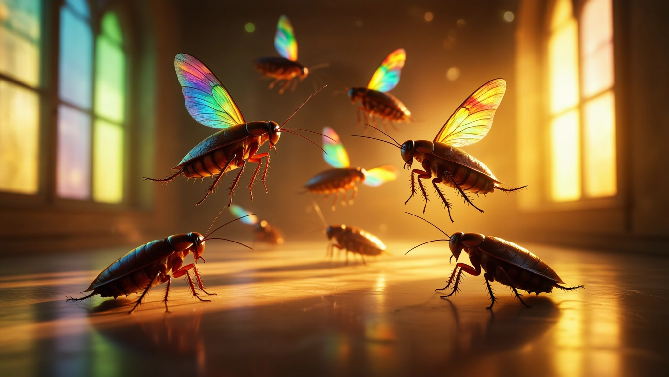 Mit jelent csótányról álmodni? – Részletes álomfejtés és értelmezés Színes csótányok repkednek egy világos szobában, napfényben.
