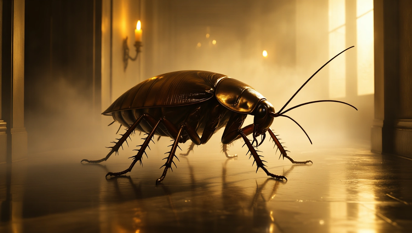 Mit jelent csótányról álmodni? – Részletes álomfejtés és értelmezés Egy csótány látható egy sötét, ködös szobában, gyertyafény mellett.