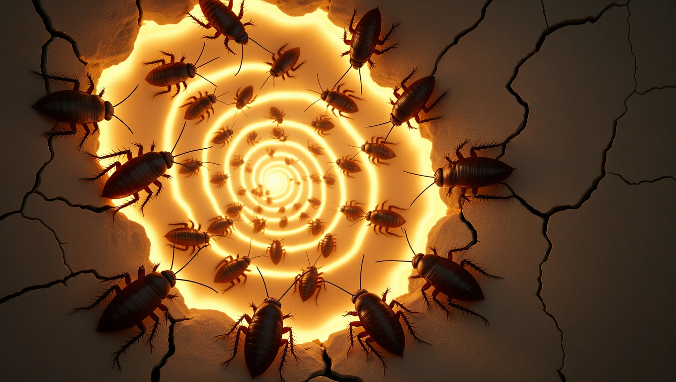 Mit jelent csótányról álmodni? – Részletes álomfejtés és értelmezés Csótányok körbefonva egy fénylő spirálban, repedezett falon.