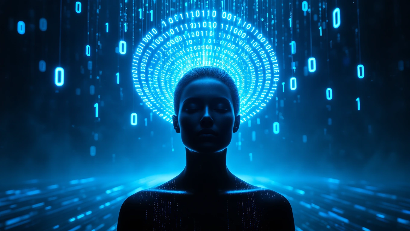 Mit jelent mesterséges intelligenciával álmodni? – Részletes álomfejtés és értelmezés Egy női alak, akinek feje mögött digitális kódok lebegnek, álomfejtés témában.
